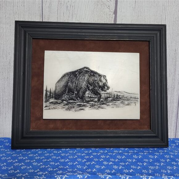 Vintage Framed Bear Etching on Tile, 6x8.5 - Picture 1 of 6
